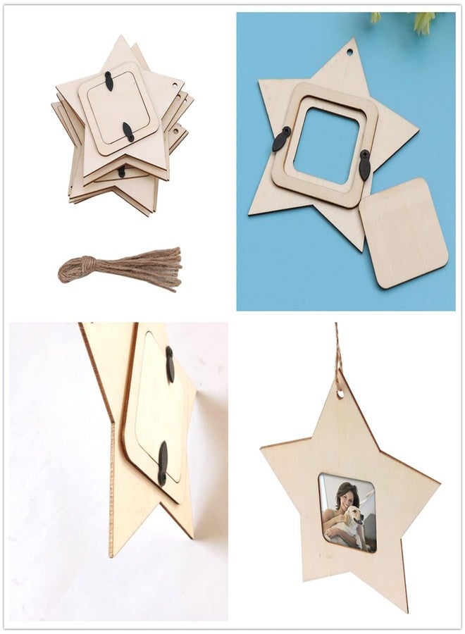 HIPIHOM 10Pcs Christmas Picture Frame Ornaments Star Wood Photo Ornaments for Christmas Tree Stockings Decorations, Crafts, DIY, Home Decoration - Image 2