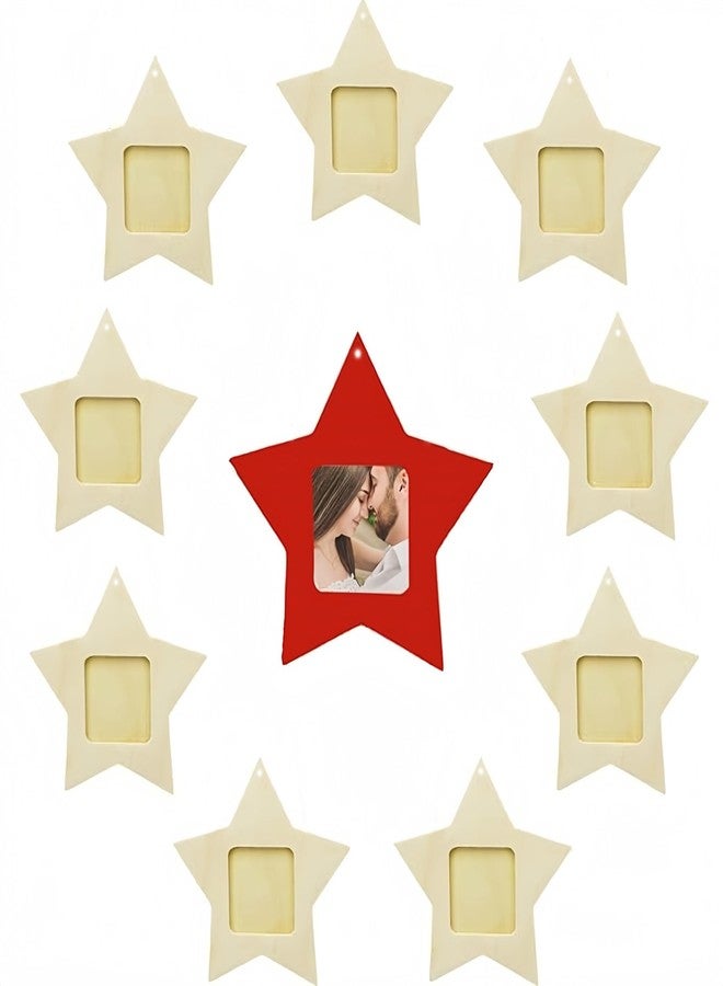 HIPIHOM 10Pcs Christmas Picture Frame Ornaments Star Wood Photo Ornaments for Christmas Tree Stockings Decorations, Crafts, DIY, Home Decoration - Image 1