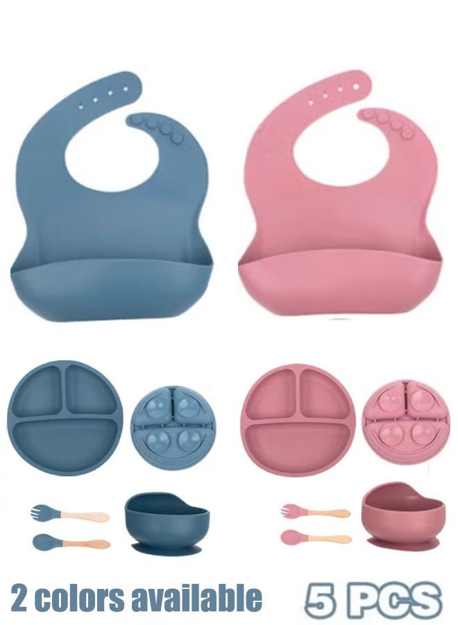 5-Piece Silicone Baby Feeding Set – Suction Bowl, Divided Plate, Soft Bib, Wooden Spoon & Fork – Baby Led Weaning Tableware for Toddlers