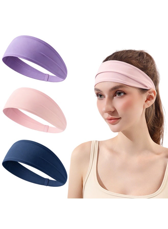 3 Pcs Women’s Wide Sports Sweat Headbands, Non‑Slip High Elastic Moisture Wicking Cooling Workout Sweatbands, Sports Running Sweat Bands for Yoga Running Fitness Travel Working Out, 3‑Color Set (Pink, Dark Blue, Purple) ﻿ - Image 1