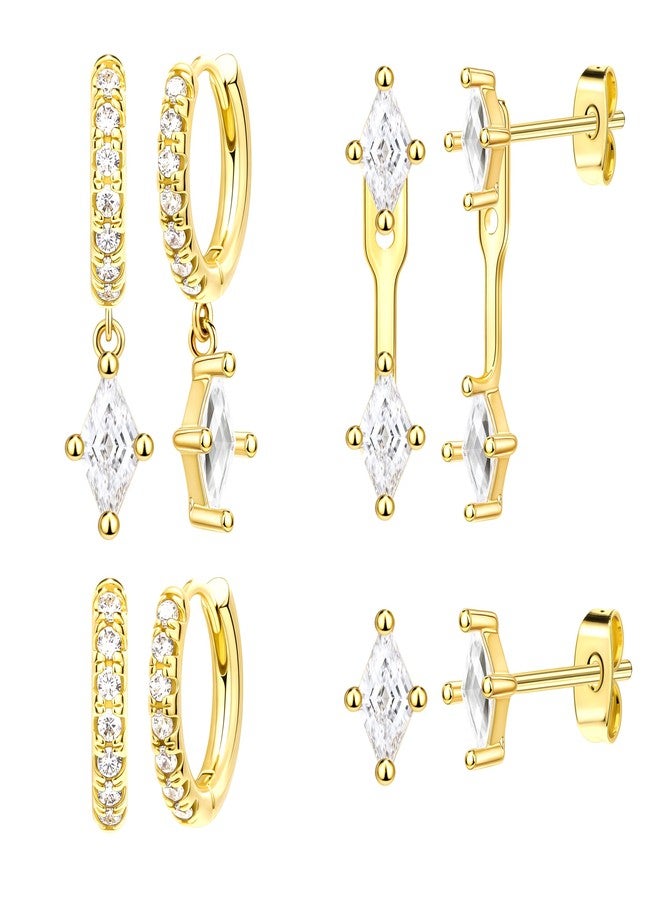 Poxtex طقم أقراط ذهبية حلقية للنساء، أقراط متدلية مرصعة بالألماس بتصميم عصري، مناسبة لثقوب متعددة، مجموعة مجوهرات هندسية بسيطة كهدية - Image 1