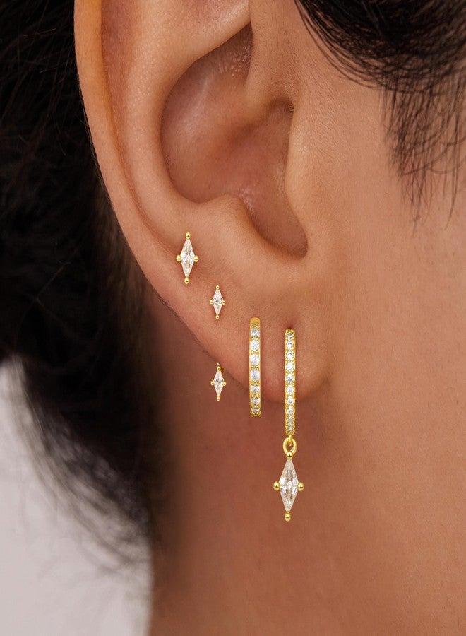 Poxtex طقم أقراط ذهبية حلقية للنساء، أقراط متدلية مرصعة بالألماس بتصميم عصري، مناسبة لثقوب متعددة، مجموعة مجوهرات هندسية بسيطة كهدية - Image 4