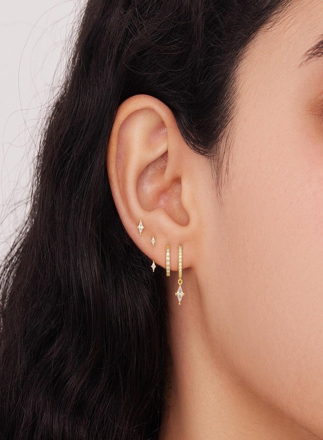 Poxtex طقم أقراط ذهبية حلقية للنساء، أقراط متدلية مرصعة بالألماس بتصميم عصري، مناسبة لثقوب متعددة، مجموعة مجوهرات هندسية بسيطة كهدية - Image 2