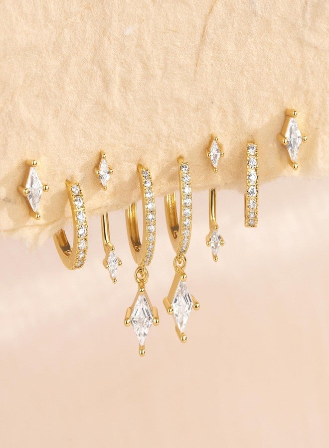 Poxtex طقم أقراط ذهبية حلقية للنساء، أقراط متدلية مرصعة بالألماس بتصميم عصري، مناسبة لثقوب متعددة، مجموعة مجوهرات هندسية بسيطة كهدية - Image 5