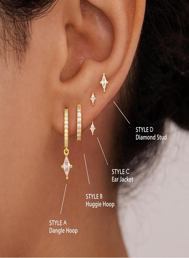 Poxtex طقم أقراط ذهبية حلقية للنساء، أقراط متدلية مرصعة بالألماس بتصميم عصري، مناسبة لثقوب متعددة، مجموعة مجوهرات هندسية بسيطة كهدية - Image 3
