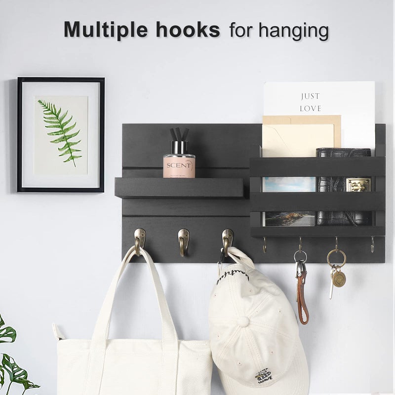 Lwenki Mail Organizer for Wall Mount â€“ Key Holder with Shelf Includes Letter Holder and Hooks for Coats, Dog Leashes â€“ Rustic Wood with Flush Mounting Hardware (16.5â€ x 8.7â€ x 3.5â€) - Image 3