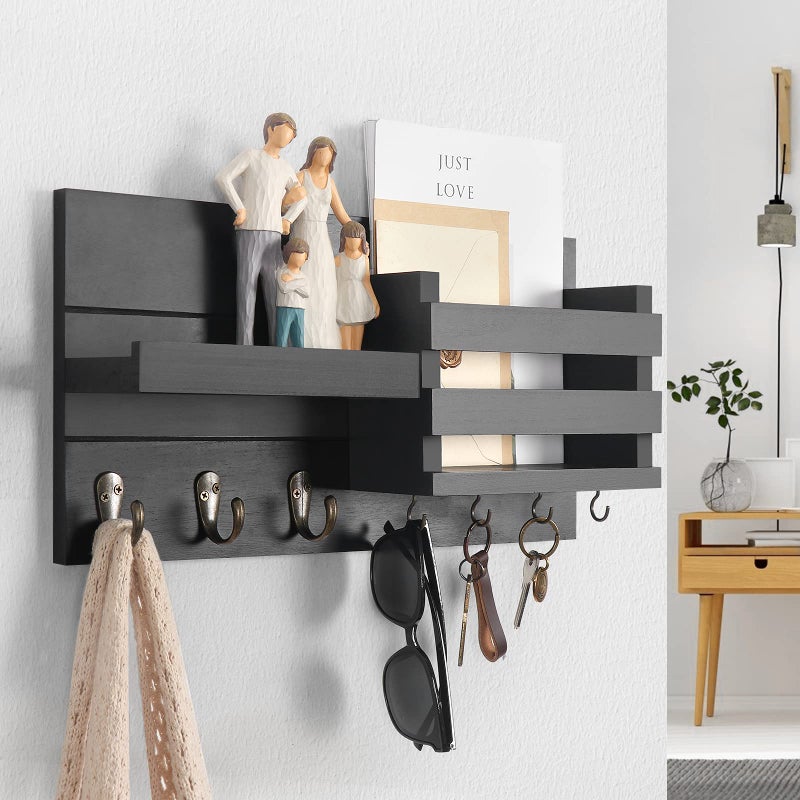 Lwenki Mail Organizer for Wall Mount â€“ Key Holder with Shelf Includes Letter Holder and Hooks for Coats, Dog Leashes â€“ Rustic Wood with Flush Mounting Hardware (16.5â€ x 8.7â€ x 3.5â€) - Image 5