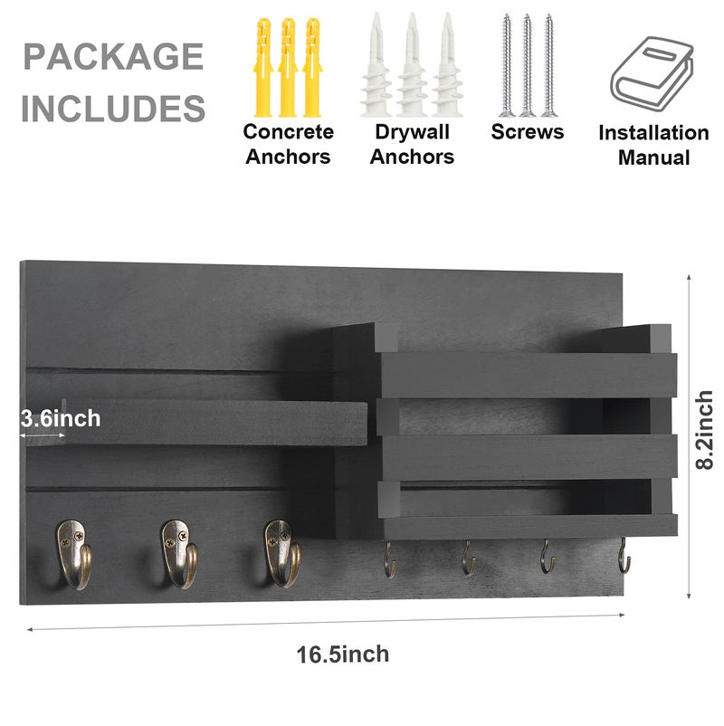Lwenki Mail Organizer for Wall Mount â€“ Key Holder with Shelf Includes Letter Holder and Hooks for Coats, Dog Leashes â€“ Rustic Wood with Flush Mounting Hardware (16.5â€ x 8.7â€ x 3.5â€) - Image 4