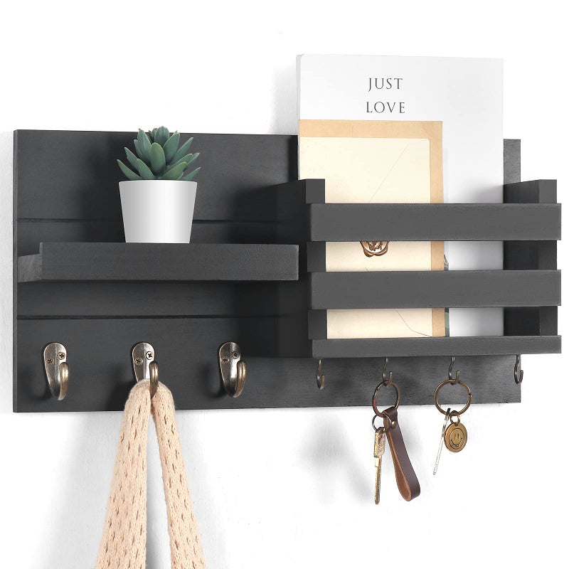 Lwenki Mail Organizer for Wall Mount â€“ Key Holder with Shelf Includes Letter Holder and Hooks for Coats, Dog Leashes â€“ Rustic Wood with Flush Mounting Hardware (16.5â€ x 8.7â€ x 3.5â€) - Image 1