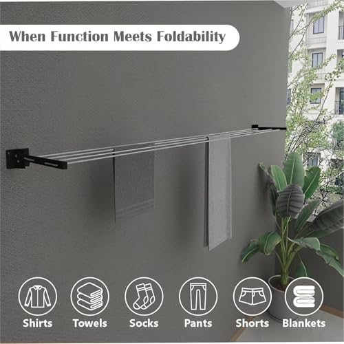 HOMIFLY Metal Foldable Wall Mount Cloth Drying Stand with 30 Feet Rope/Wall Hanging Clothes Dryer Rack for Balcony & Indoor Use/Space Saving Wall Mounted Laundry Hanger(Black) - Image 4