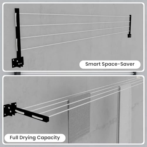 HOMIFLY Metal Foldable Wall Mount Cloth Drying Stand with 30 Feet Rope/Wall Hanging Clothes Dryer Rack for Balcony & Indoor Use/Space Saving Wall Mounted Laundry Hanger(Black) - Image 3