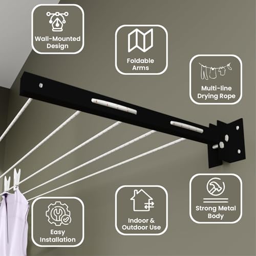 HOMIFLY Metal Foldable Wall Mount Cloth Drying Stand with 30 Feet Rope/Wall Hanging Clothes Dryer Rack for Balcony & Indoor Use/Space Saving Wall Mounted Laundry Hanger(Black) - Image 5