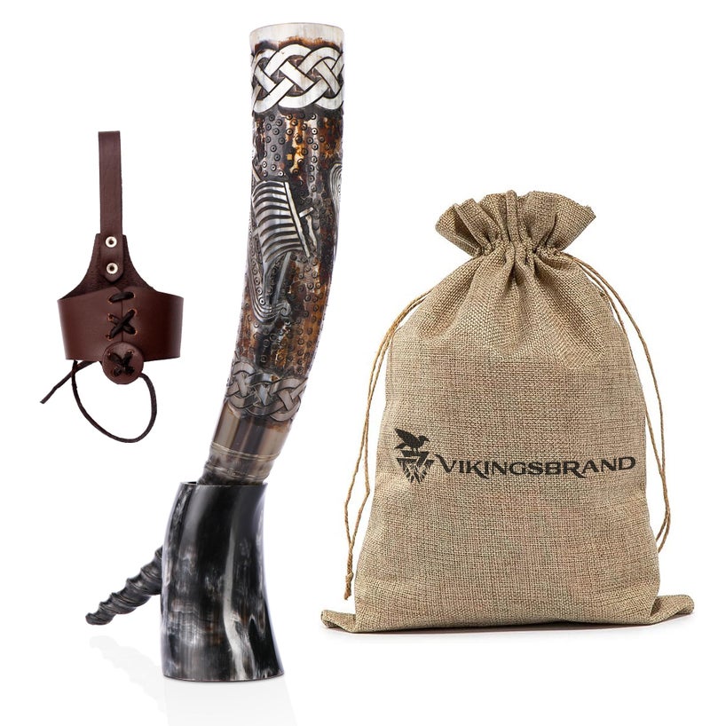 VikingsBrand Special Edition DRAKKAR  Authentic Handmade Viking Drinking Horn  Medieval Norse Ale Drinking Mug For Vikings with Stand  Hand Carved Horn  Food Safe Beer Horns Drakkar  20 Inches