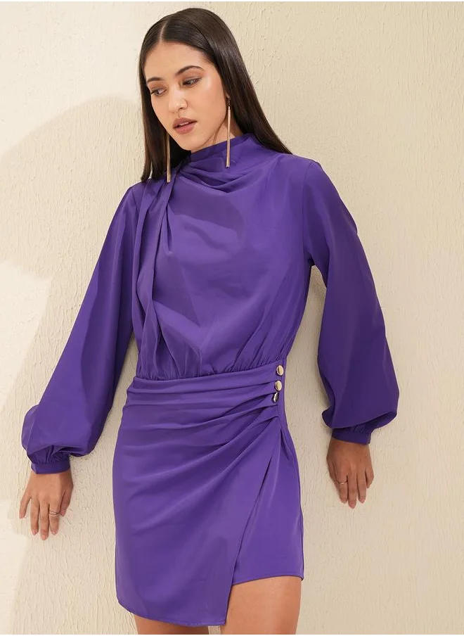 طوكيو توكيز Tokyo Talkies Solid Cowl Neck Balloon Sleeve Jumpsuit with Button Detail