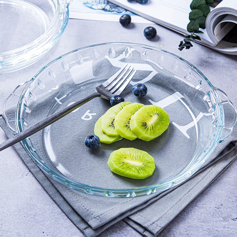 FEOOWV 1 Pack Round Glass Pie Pans for Baking Round Baking Dishes with Handles for Apple Pie Pumpkin Pie Salads(Clear 9in) - Image 3