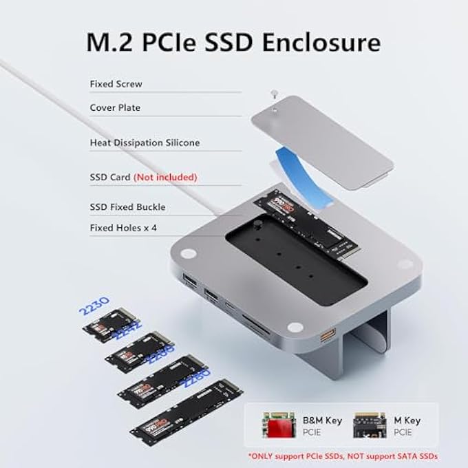 rayihni MAC MINI HUB M1 M2 WITH M.2 SSD ENCLOSURE (NOT FOR M4 2024), 8-IN-1 VERTICAL MAC MINI DOCK STAND WITH USB A/C 3.2 10GBPS, 2 X USB A 2.0, SD/TF SLOTS, 3.5MM AUDIO MIC JACK - Image 3