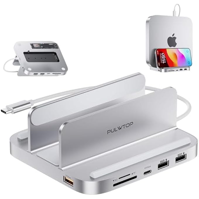 rayihni MAC MINI HUB M1 M2 WITH M.2 SSD ENCLOSURE (NOT FOR M4 2024), 8-IN-1 VERTICAL MAC MINI DOCK STAND WITH USB A/C 3.2 10GBPS, 2 X USB A 2.0, SD/TF SLOTS, 3.5MM AUDIO MIC JACK - Image 1