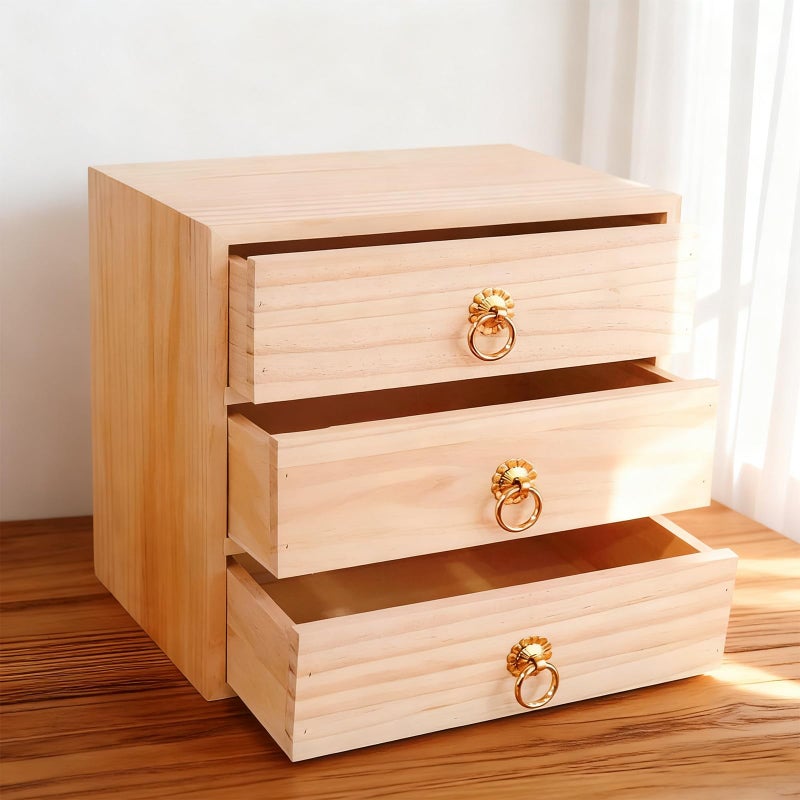 LONG TAO 3 Layer Natural Wooden Storage Box with Drawers Desk Organizer Desk Accessories 3 Drawer Storage Organizer Wood Tabletop Organizer with Metal Handle for Home Office Counter Craft Decor - Image 4