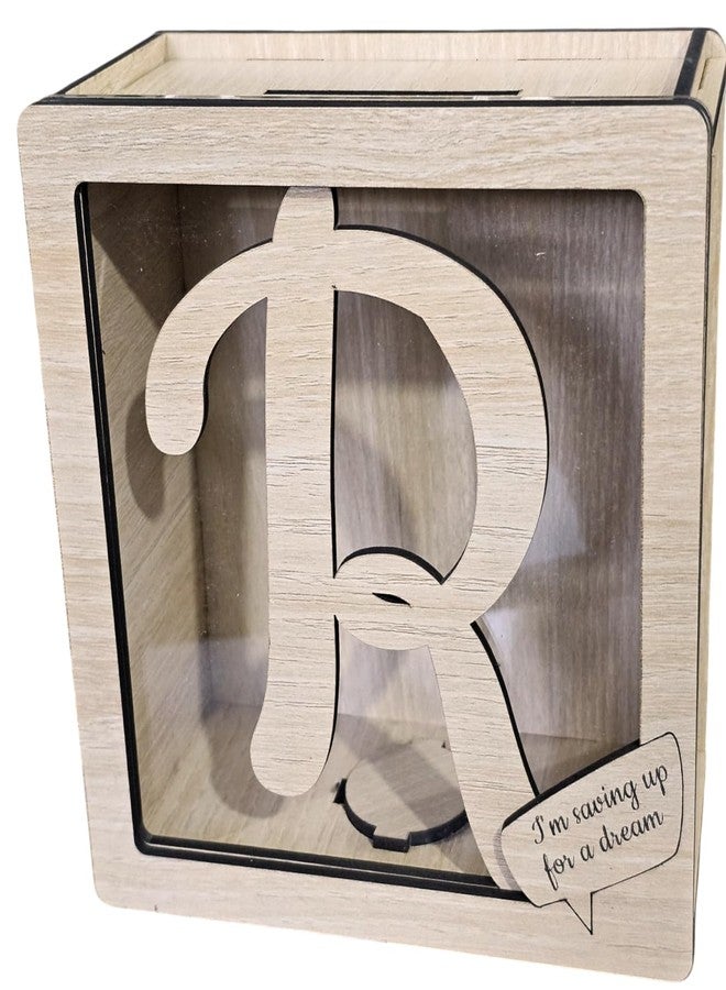 LACUM® Letter Piggy Bank - Custom Wooden Money Bank for Kids & Adults - Sunmica Coated Engineering Wood with Transparent Acrylic Front - Unique Gifts (Letter R) - Image 1