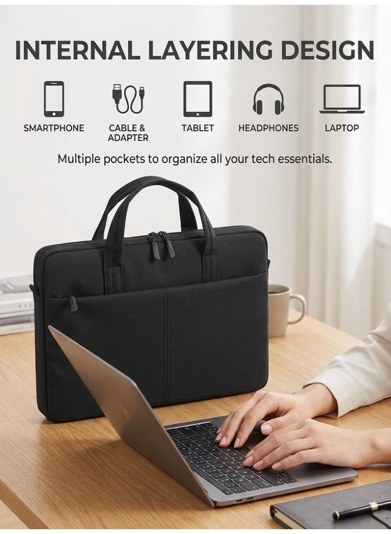 LAIAOCISI Laptop Bag for 15-16 Inch Laptops, Waterproof Canvas Notebook Case with Trolley Strap, Multi-Compartment Professional Business Briefcase for Men & Women - Black - Image 2