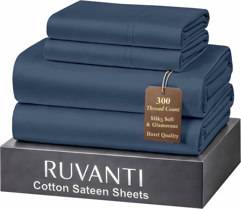 RUVANTI 100% Cotton Sheets Full Size Bed Set - 300 Thread Count Silky Soft Sateen Weave, Cooling, Lightweight & Breathable, 16" Deep Pocket, Durable & Luxury Satin-Like, 4 Piece, Dark Blue - Image 1