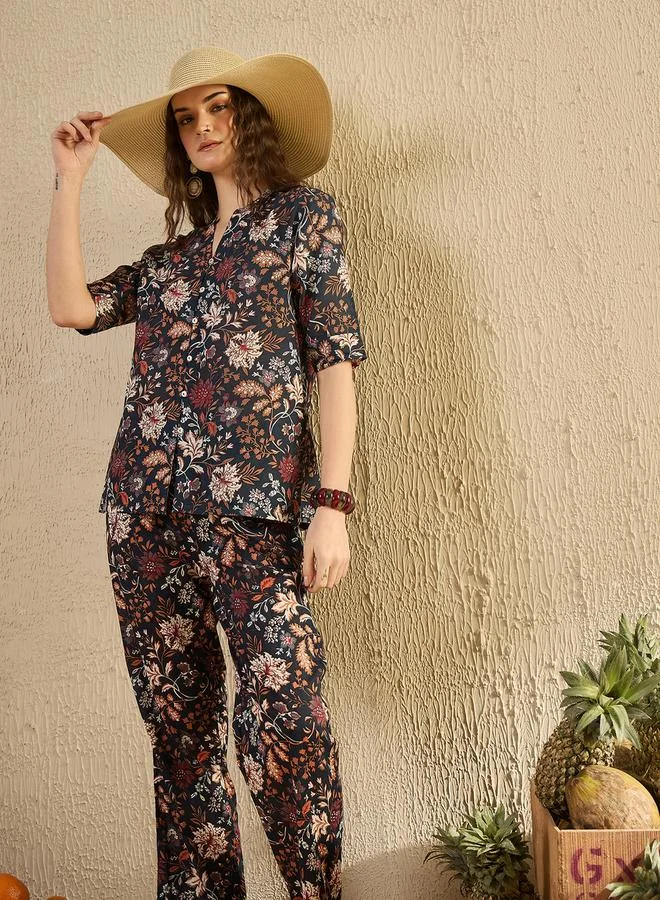 sanskrutihomes Cotton Printed V-Neck Top and Pyjama Set by Styli