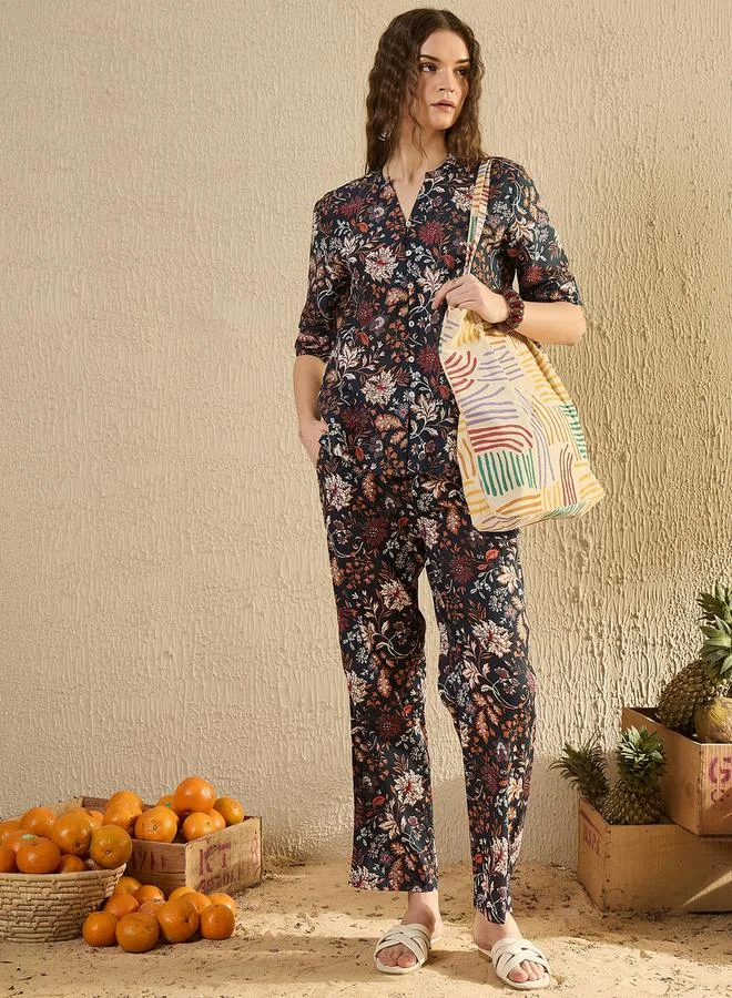 sanskrutihomes Cotton Printed V-Neck Top and Pyjama Set by Styli