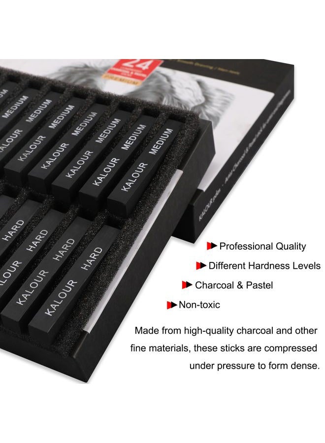 KALOUR 24 Pro Charcoal Drawing Set - Soft,Medium,Hard Charcoal and White Charcoal - Charcol Sticks for Drawing Sketching Shading - Art Supplies Gift for Artists Beginners Adults - Image 4
