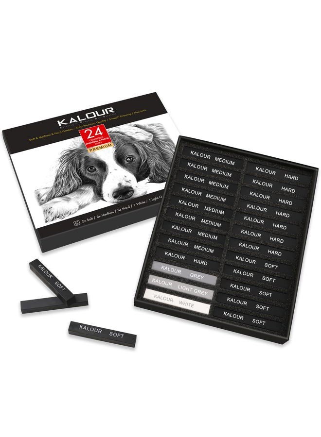 KALOUR 24 Pro Charcoal Drawing Set - Soft,Medium,Hard Charcoal and White Charcoal - Charcol Sticks for Drawing Sketching Shading - Art Supplies Gift for Artists Beginners Adults - Image 1