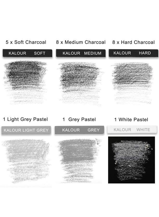 KALOUR 24 Pro Charcoal Drawing Set - Soft,Medium,Hard Charcoal and White Charcoal - Charcol Sticks for Drawing Sketching Shading - Art Supplies Gift for Artists Beginners Adults - Image 3