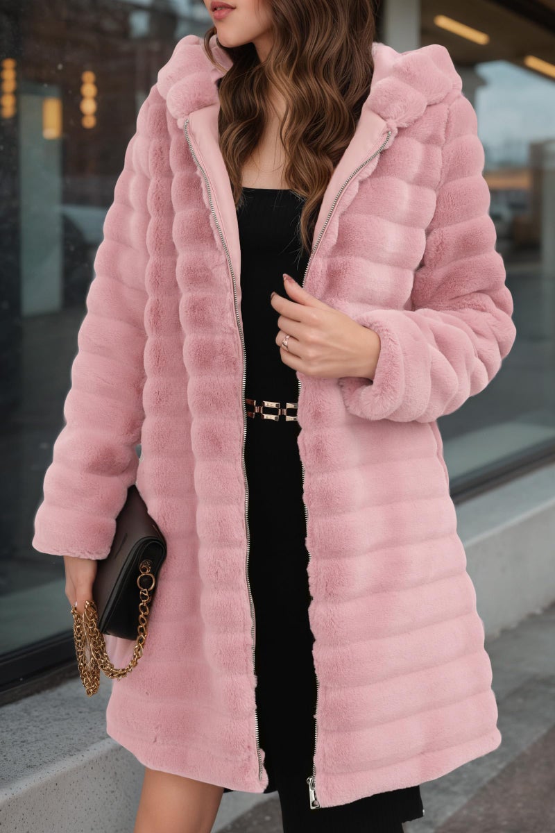 RISISSIDA Women Long Faux Fur Coat Fuzzy Jacket with Hood Fleece Winter Fall Thermal Shearling Warm Fluffy Furry Overcoat P Pink 120757A M - Image 2