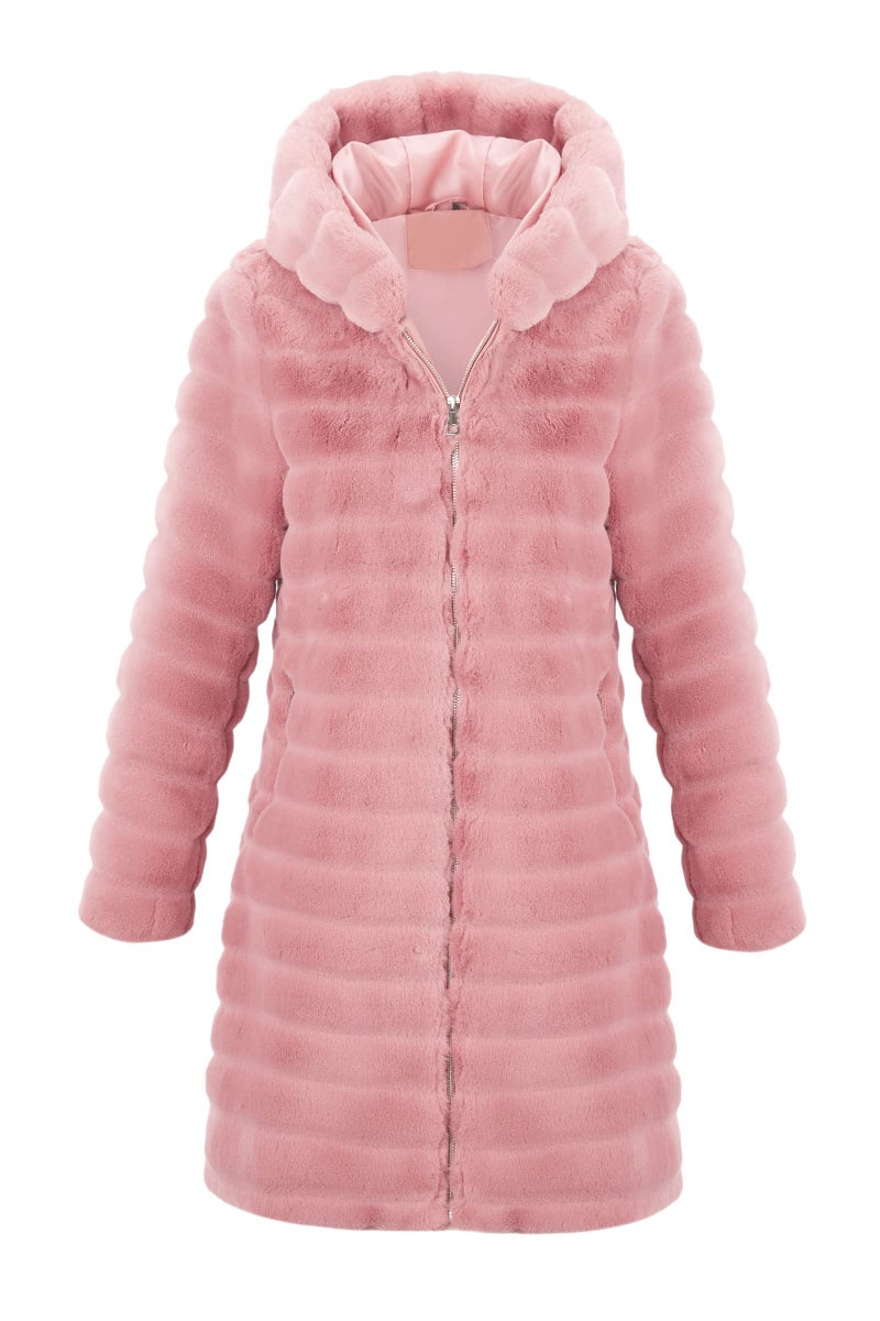 RISISSIDA Women Long Faux Fur Coat Fuzzy Jacket with Hood Fleece Winter Fall Thermal Shearling Warm Fluffy Furry Overcoat P Pink 120757A M - Image 1
