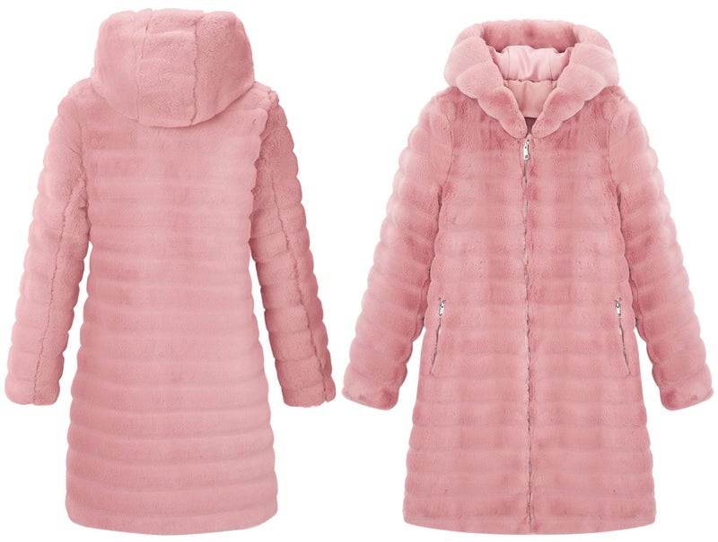 RISISSIDA Women Long Faux Fur Coat Fuzzy Jacket with Hood Fleece Winter Fall Thermal Shearling Warm Fluffy Furry Overcoat P Pink 120757A M - Image 3