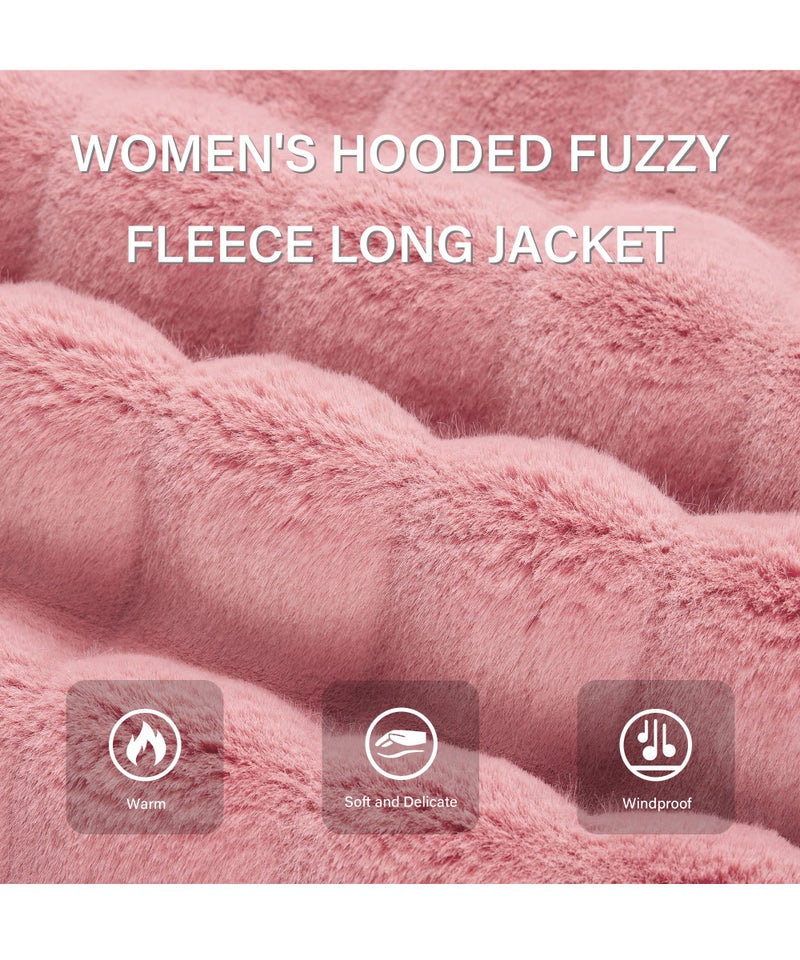 RISISSIDA Women Long Faux Fur Coat Fuzzy Jacket with Hood Fleece Winter Fall Thermal Shearling Warm Fluffy Furry Overcoat P Pink 120757A M - Image 4