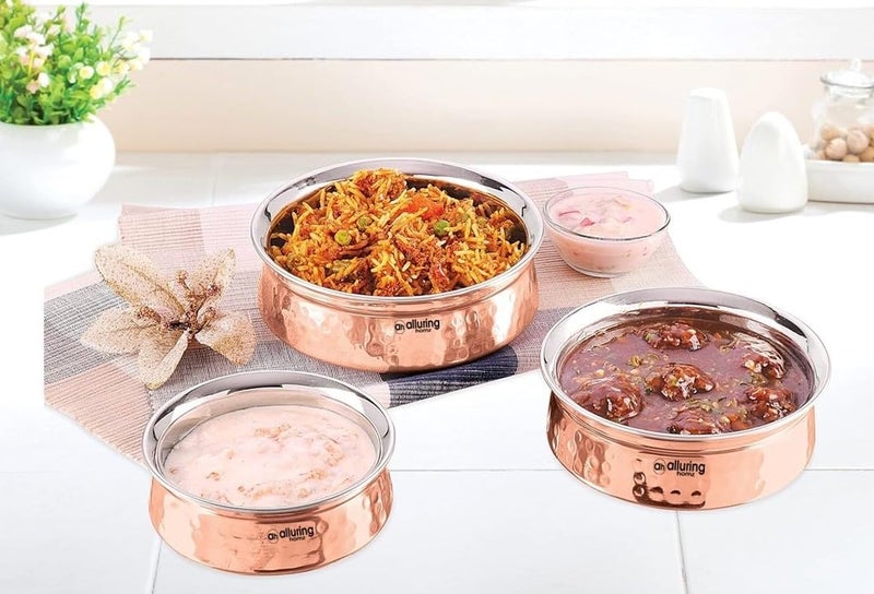 Alluring Homz Traditional Indian Copper Steel Serving Handi I Lagan I Bowl with Hammered Design Serveware & Tableware for Home I Restaurant I Hotel, Volume-800 ML(2 Piece) - Image 5