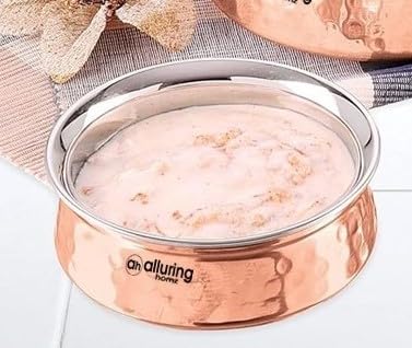 Alluring Homz Traditional Indian Copper Steel Serving Handi I Lagan I Bowl with Hammered Design Serveware & Tableware for Home I Restaurant I Hotel, Volume-800 ML(2 Piece) - Image 2