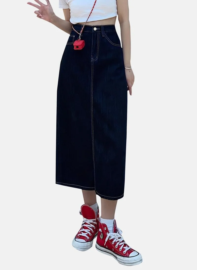 YUNIQEE Blue Solid Denim Midi Skirt