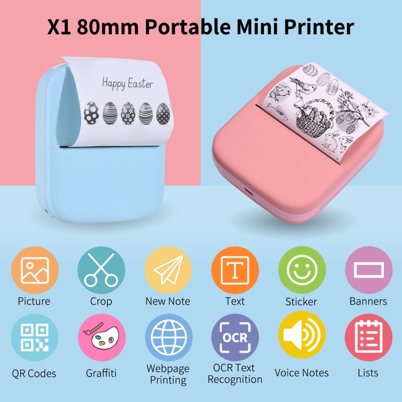 X1 Portable Mini Pocket Printer 80mm BT Wireless Thermal Photo Printer 300dpi Picture Memo Notes Lists Journal Receipt Paper Printer Sticker Inkless Printing Compatible with Android iOS for Home Office School Travel - Image 2