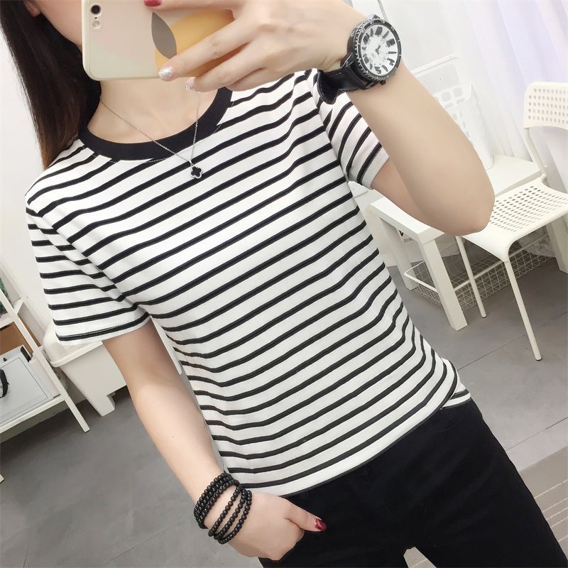 2024 New Summer Cotton Short-sleeved T-shirt Women's apricot Striped T-shirt plus size Loose Round Neck Top - Image 1
