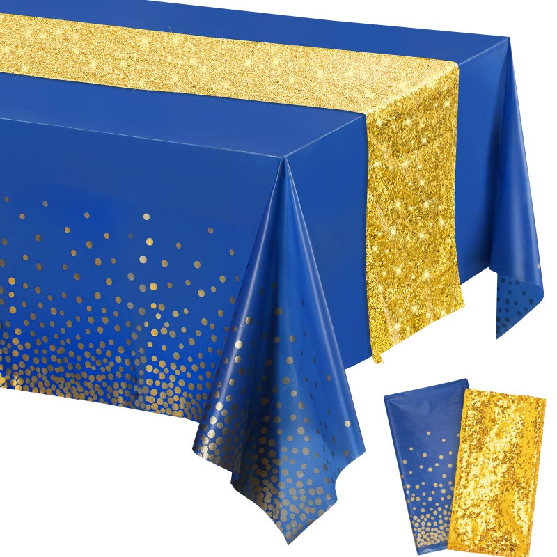 Tablecloth and Sequin Table Runner Set Polka Dots Confetti Table Cover Dining Plastic Table Cloths Glitter Decorations for Birthday Wedding Anniversary Party Supplies Blue Gold 2 Pcs
