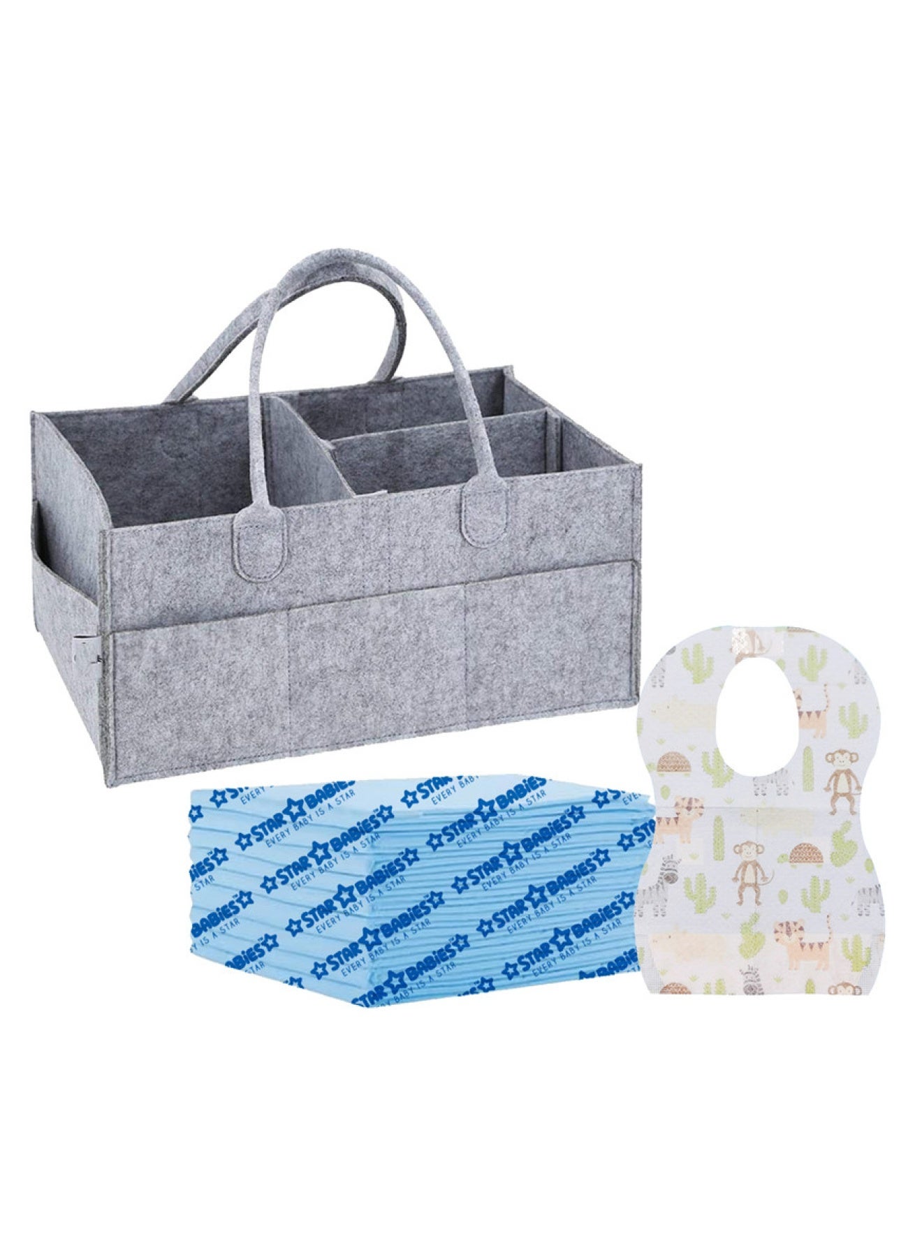STAR BABiES Pack Of 3 Caddy Diaper Organizer Grey Disposable Bibs 10Pcs Changing Mat 10Pcs Blue