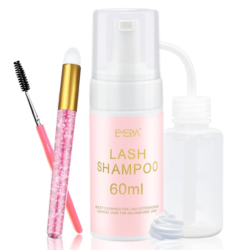 EMEDA Lash Shampoo Kit - 3.38 fl.oz / 100ml Gentle Foam Lash Cleanser, Oil-Free Cleaning for Wash Extension/Natural Eyelash Bath with Rinse Bottle Lash Brush - Image 1