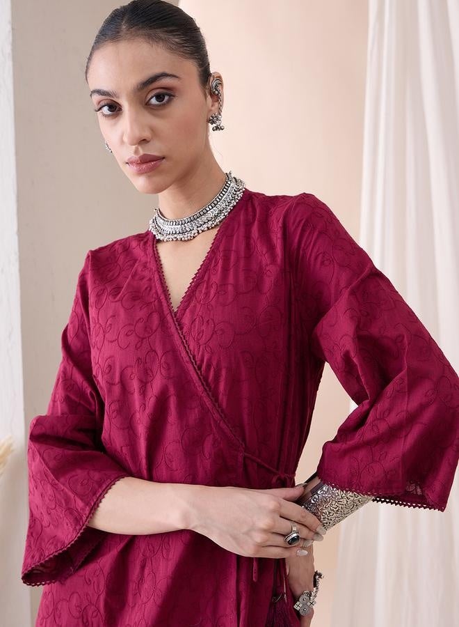 Femmella Femmella Embroidered V Neck Wrap Style Tunic and Straight Pants Co-Ords  - Image 5