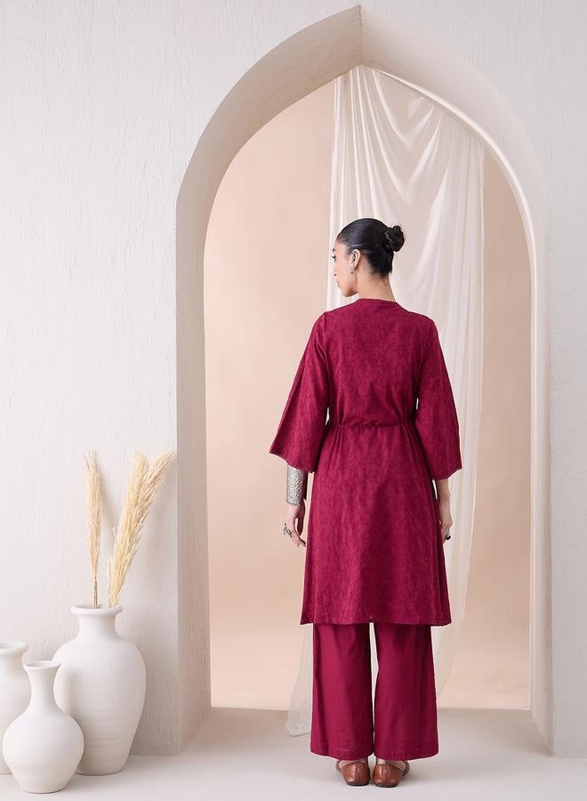 Femmella Femmella Embroidered V Neck Wrap Style Tunic and Straight Pants Co-Ords  - Image 1