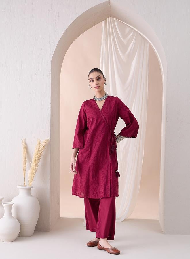 Femmella Femmella Embroidered V Neck Wrap Style Tunic and Straight Pants Co-Ords  - Image 3