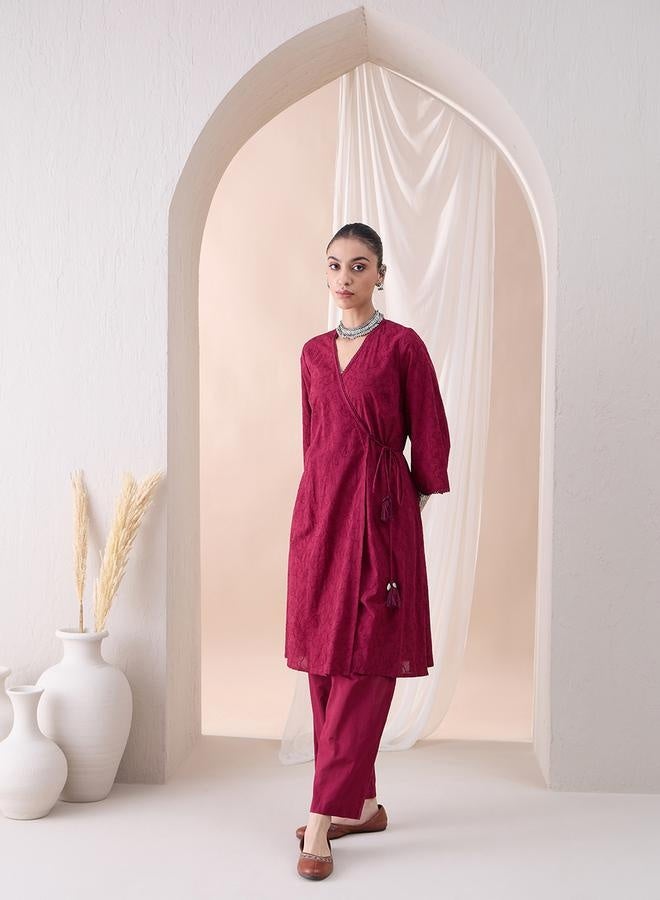 Femmella Femmella Embroidered V Neck Wrap Style Tunic and Straight Pants Co-Ords  - Image 4