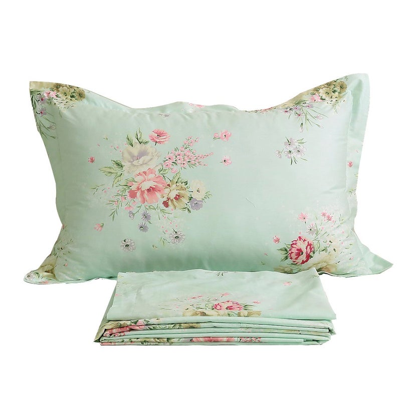 FADFAY Green Floral Bed Sheet Set Cotton Sheets 4-Piece Queen Size - Image 1