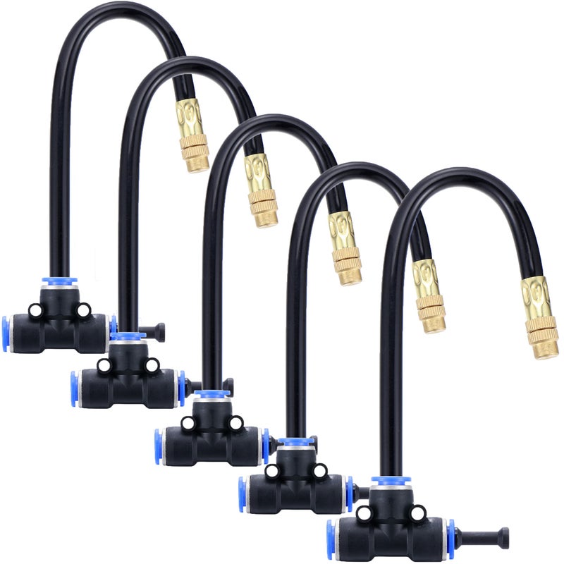 Mornajina 5Packs Brass Misting Nozzles Tee with 8inch Built in Hose for Outdoor Cooling System, Adjustable 360Â° Rotation, Water Mister Nozzles Thread Sprayer 0.043" (1.1 mm) - Image 1