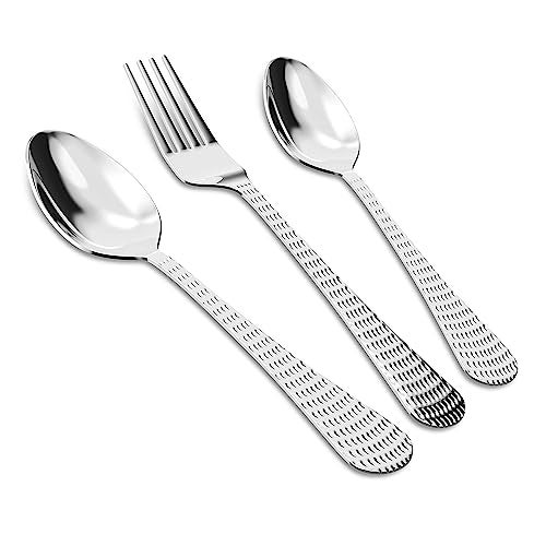 AXIOM Stainless Steel Cutlery Set of 6 Dessert Spoons, 6 Dessert Fork, 6 Tea Spoon. Hammered Elegant Design with Gloss Mirror Finish. 18 Pieces Set for Home & Kitchen - Image 1