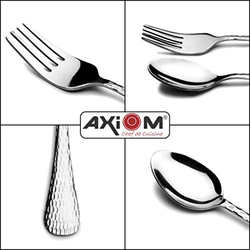 AXIOM Stainless Steel Cutlery Set of 6 Dessert Spoons, 6 Dessert Fork, 6 Tea Spoon. Hammered Elegant Design with Gloss Mirror Finish. 18 Pieces Set for Home & Kitchen - Image 4